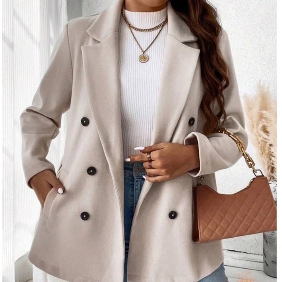 Classic Beige Solid Double Breasted Minimalist Pea Coat Jacket - Picture 2 of 13